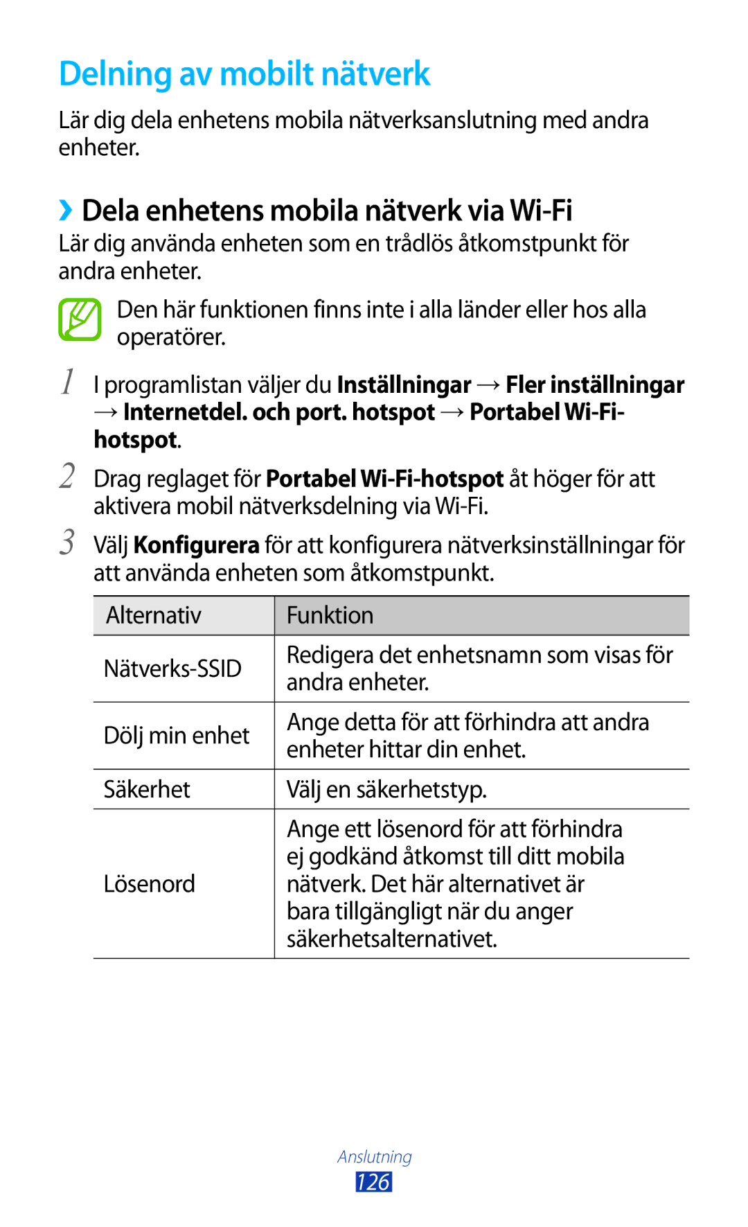 Samsung GT-I9300OKDNEE, GT-I9300RWDNEE, GT-I9300GRDNEE Delning av mobilt nätverk, ››Dela enhetens mobila nätverk via Wi-Fi 