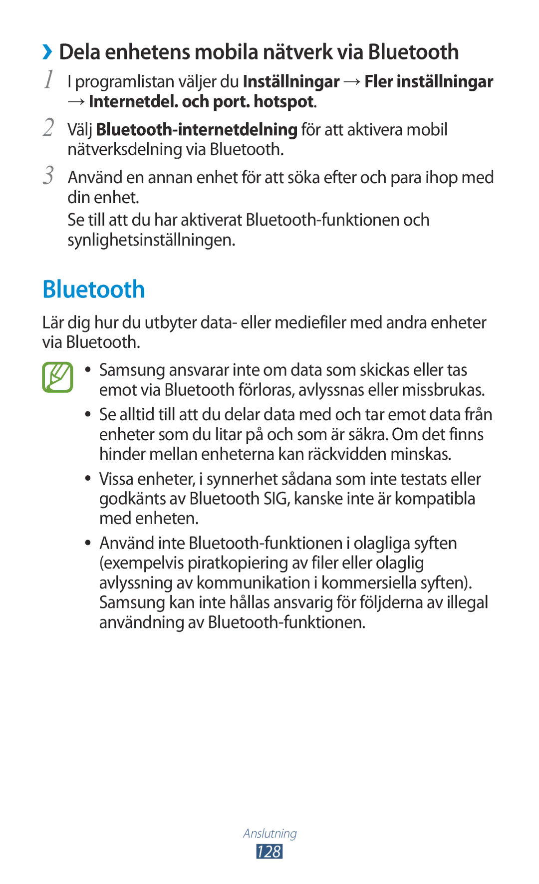 Samsung GT-I9300RWDNEE, GT-I9300GRDNEE, GT-I9300GRENEE, GT-I9300ZNDNEE, GT-I9300MBDHTD, GT-I9300OKENEE manual Bluetooth, 128 