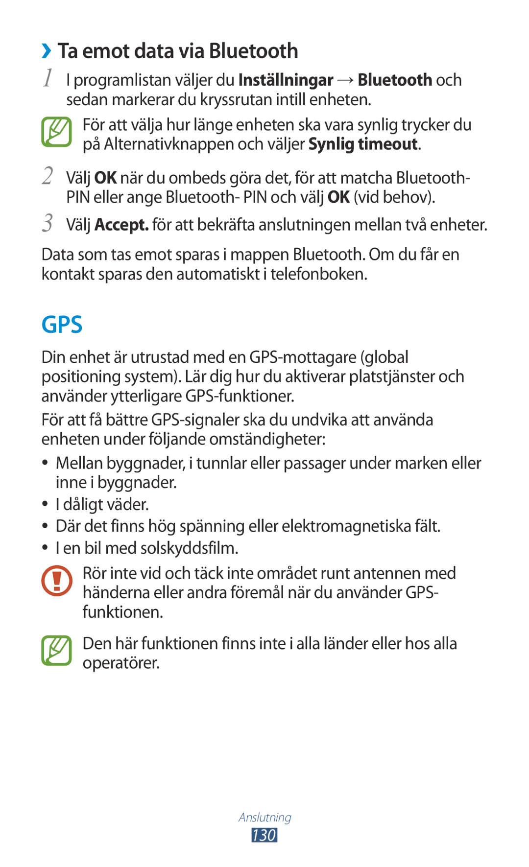 Samsung GT-I9300GRENEE, GT-I9300RWDNEE, GT-I9300GRDNEE, GT-I9300ZNDNEE, GT-I9300MBDHTD manual ››Ta emot data via Bluetooth, 130 