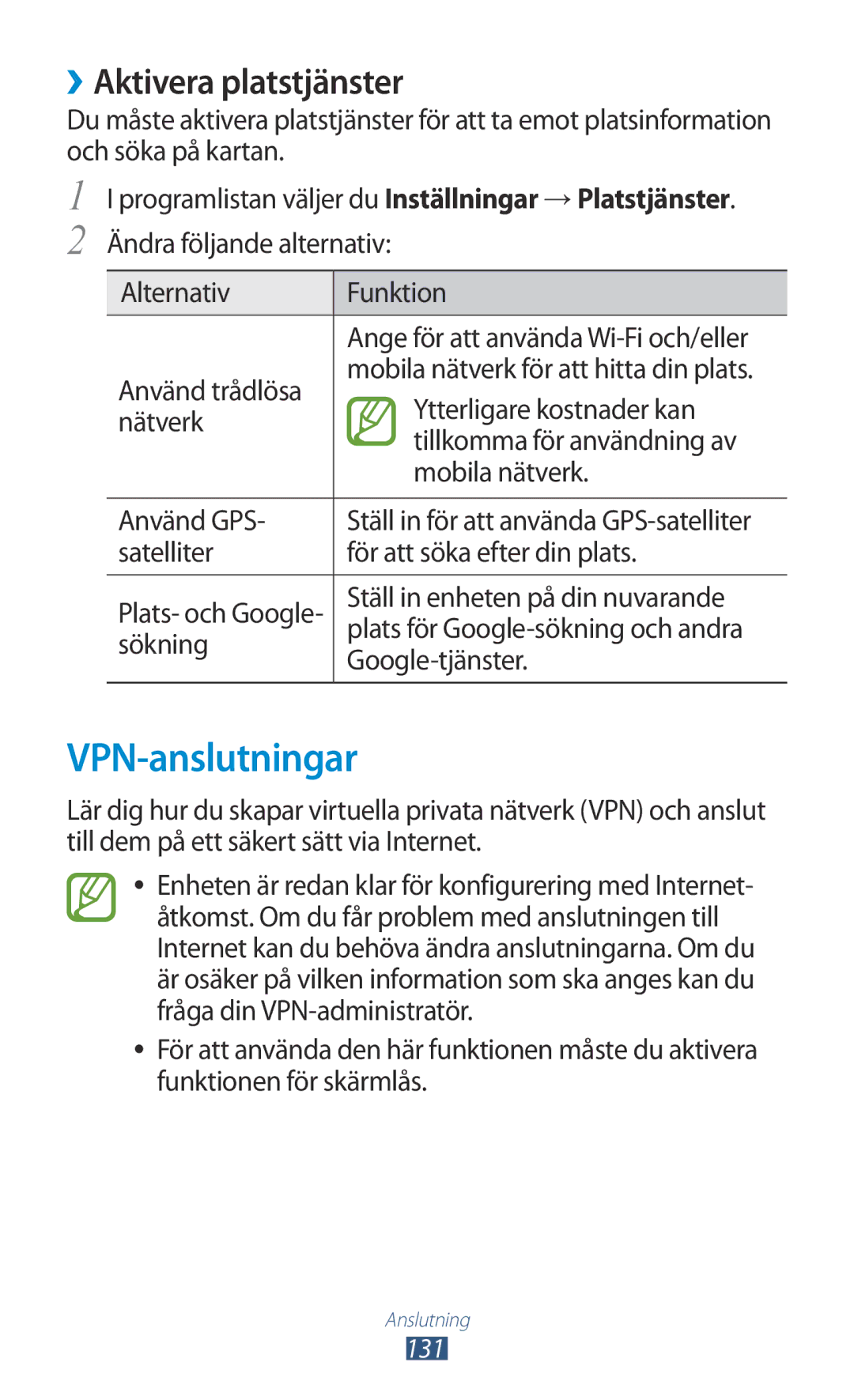 Samsung GT-I9300ZNDNEE, GT-I9300RWDNEE, GT-I9300GRDNEE, GT-I9300GRENEE manual VPN-anslutningar, ››Aktivera platstjänster 