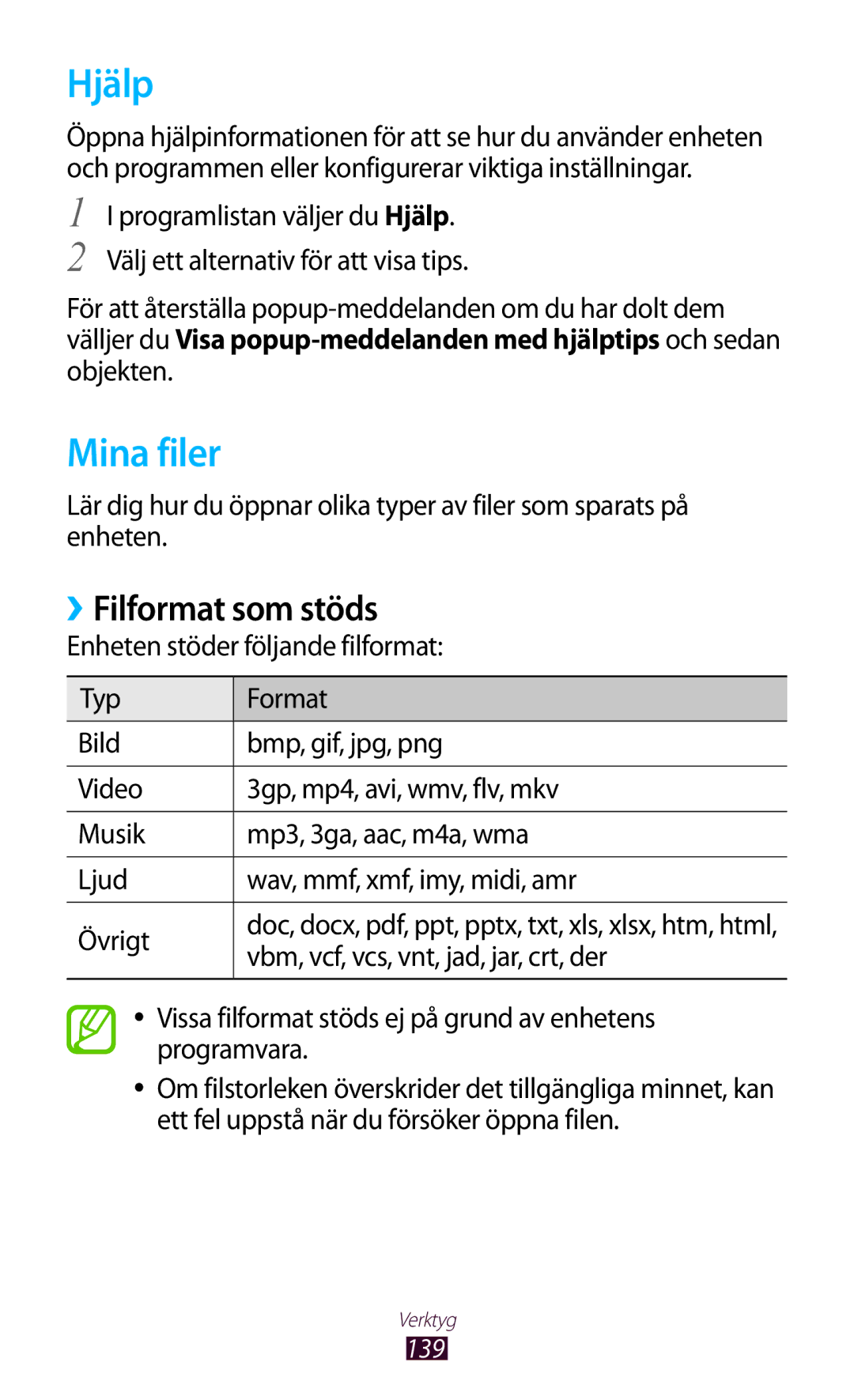 Samsung GT-I9300ZIDNEE, GT-I9300RWDNEE, GT-I9300GRDNEE, GT-I9300GRENEE manual Hjälp, Mina filer, ››Filformat som stöds, 139 