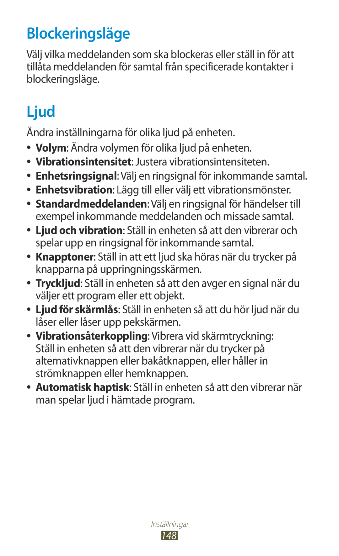 Samsung GT-I9300MBDHTD manual Blockeringsläge, Ljud, Enhetsvibration Lägg till eller välj ett vibrationsmönster, 148 