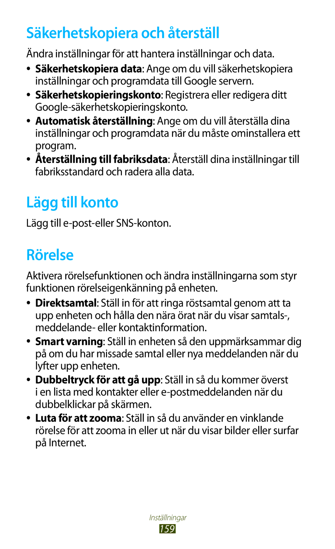 Samsung GT-I9300TAENEE manual Säkerhetskopiera och återställ, Lägg till konto, Rörelse, Lägg till e-post-eller SNS-konton 