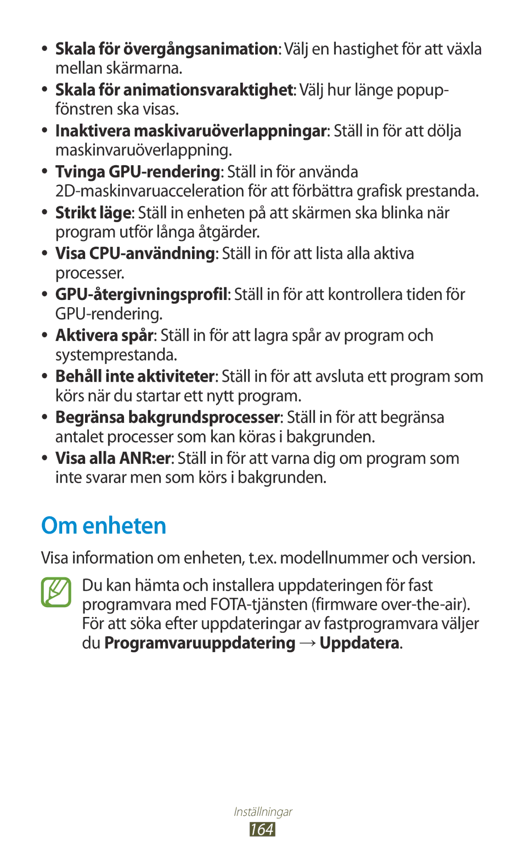 Samsung GT-I9300MBDHTD manual Om enheten, Fönstren ska visas, Inaktivera maskivaruöverlappningar Ställ in för att dölja 