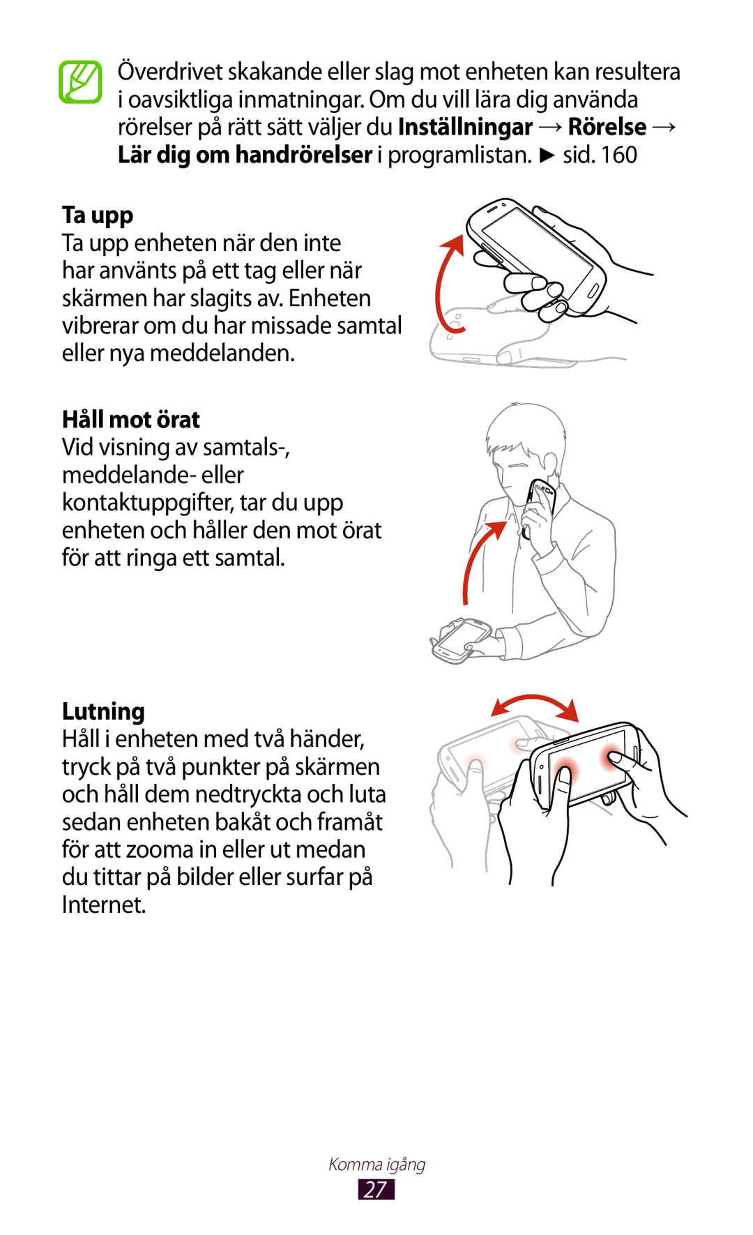 Samsung GT-I9300ZIDNEE, GT-I9300RWDNEE, GT-I9300GRDNEE, GT-I9300GRENEE, GT-I9300ZNDNEE manual Ta upp, Håll mot örat, Lutning 