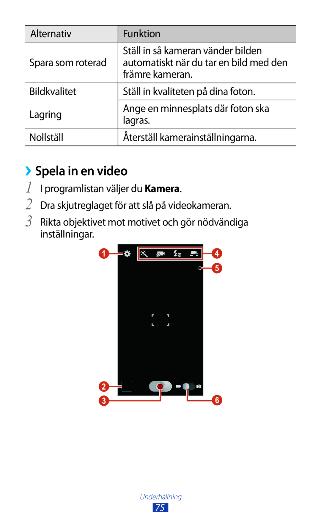 Samsung GT-I9300ZIDNEE manual ››Spela in en video, Alternativ Funktion Ställ in så kameran vänder bilden, Främre kameran 