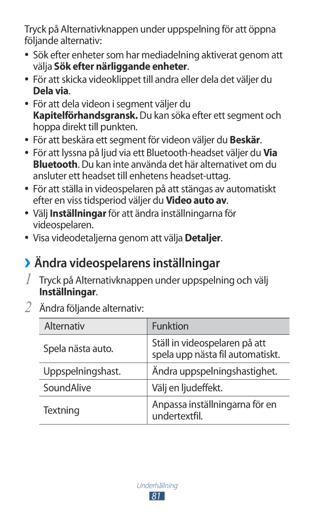 Samsung GT-I9300GRDNEE, GT-I9300RWDNEE, GT-I9300GRENEE, GT-I9300ZNDNEE ››Ändra videospelarens inställningar, Inställningar 