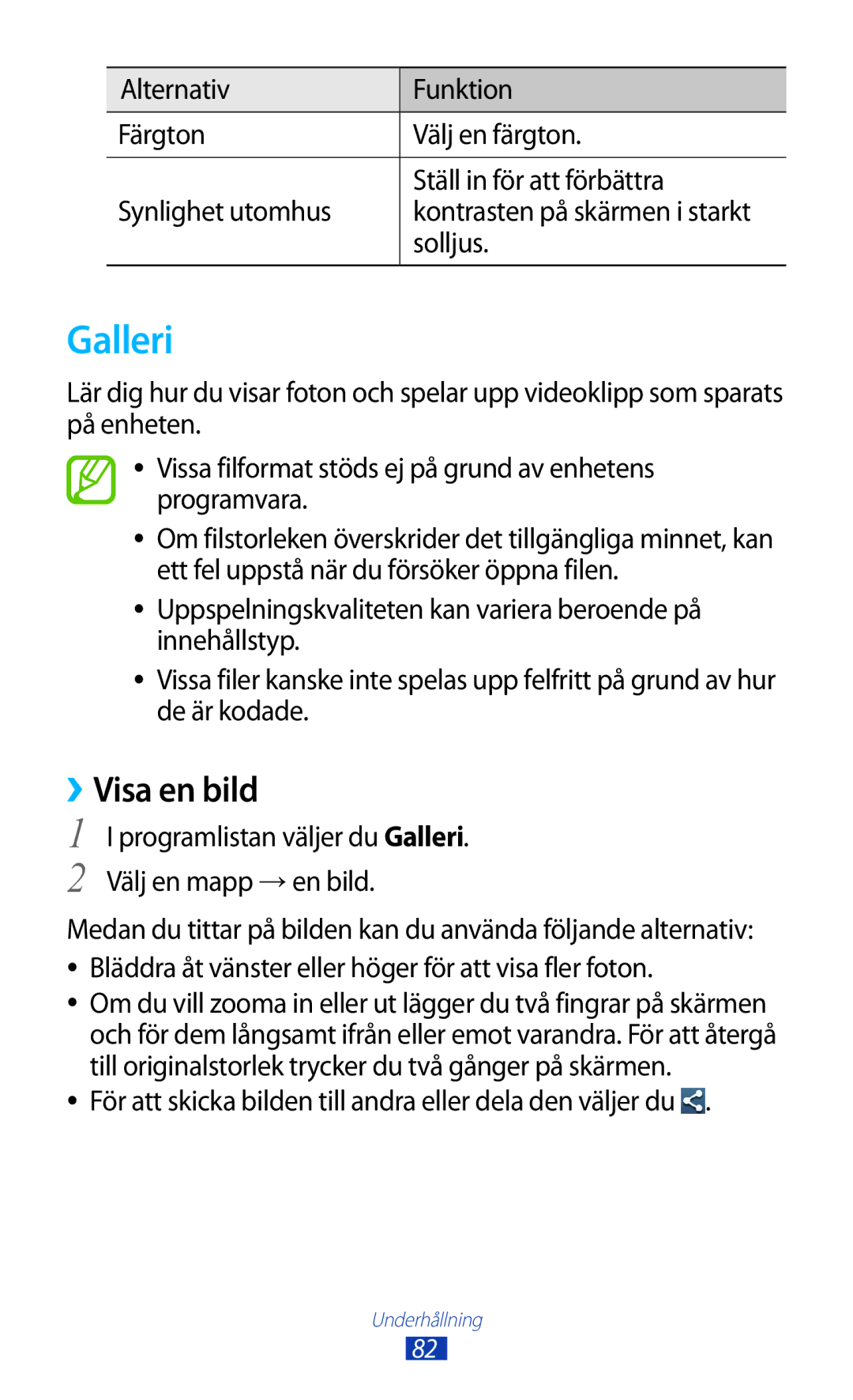 Samsung GT-I9300GRENEE manual Galleri, ››Visa en bild, Solljus, För att skicka bilden till andra eller dela den väljer du 