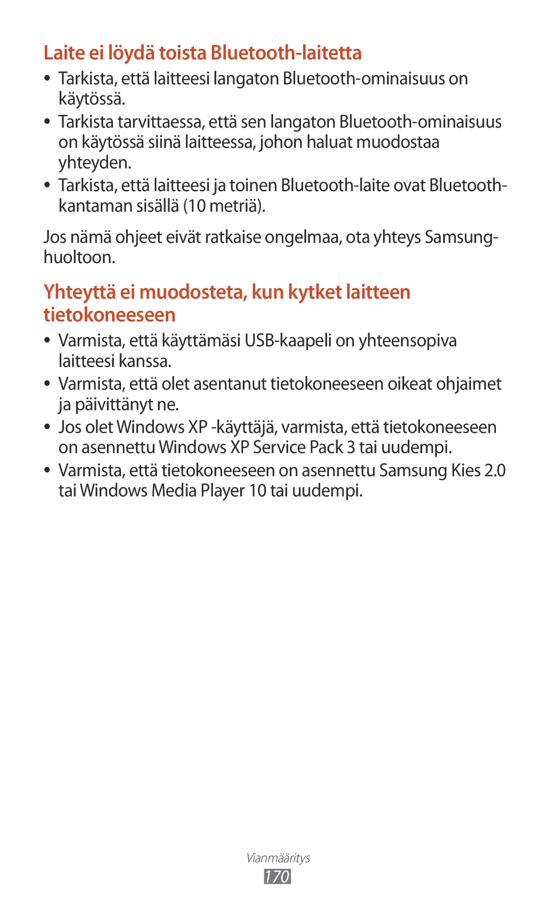 Samsung GT-I9300ZKDNEE, GT-I9300RWDNEE, GT-I9300GRDNEE, GT-I9300GRENEE manual Laite ei löydä toista Bluetooth-laitetta, 170 