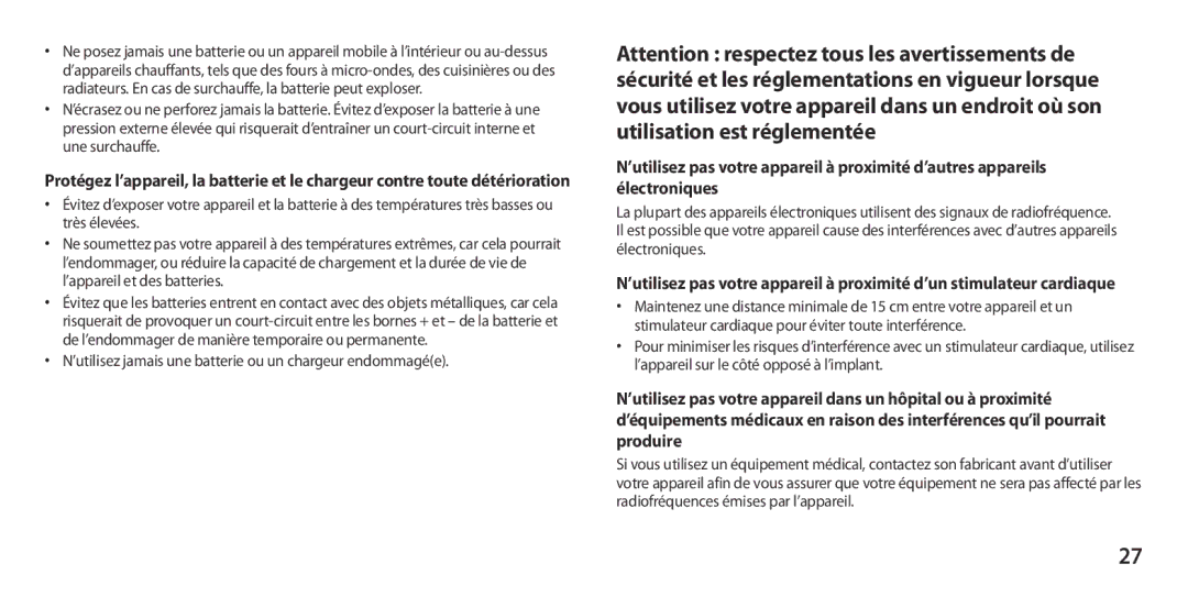 Samsung GT-I9300RWASFR, GT-I9300ZNDXEF, GT-I9300ZKDBOG manual ’utilisez jamais une batterie ou un chargeur endommagée 