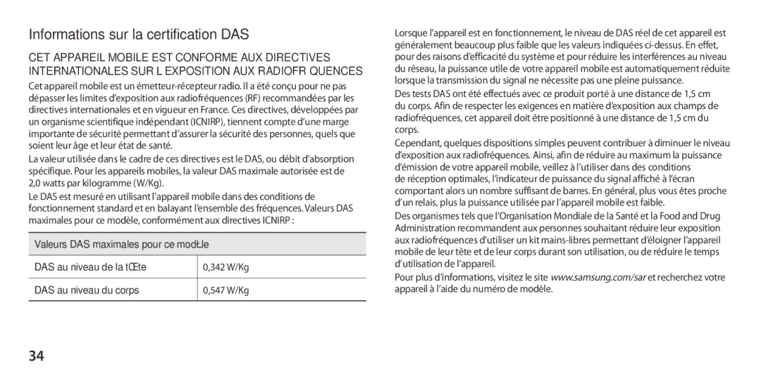 Samsung GT-I9300MBDNRJ, GT-I9300ZNDXEF, GT-I9300ZKDBOG, GT-I9300RWDVGF, GT-I9300RWDBOG Informations sur la certification DAS 