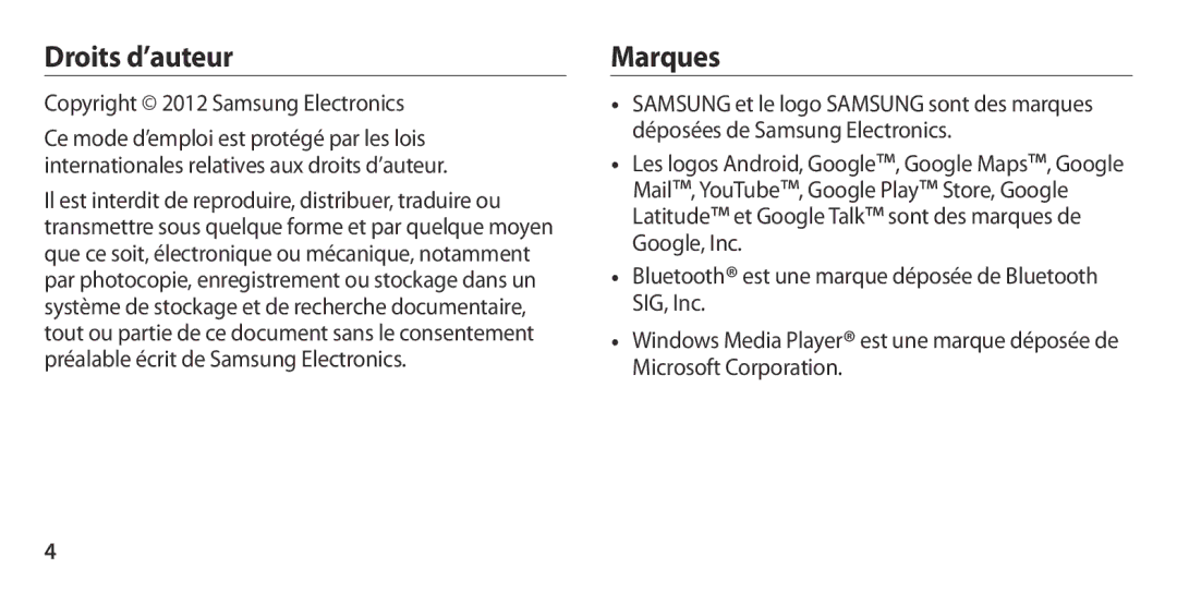 Samsung GT-I9300OKDBOG, GT-I9300ZNDXEF, GT-I9300ZKDBOG, GT-I9300RWDVGF, GT-I9300RWDBOG manual Droits d’auteur, Marques 