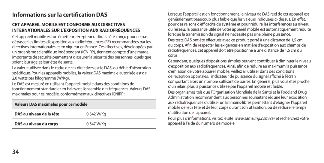 Samsung GT-I9300MBDNRJ, GT-I9300ZNDXEF, GT-I9300ZKDBOG, GT-I9300RWDVGF, GT-I9300RWDBOG Informations sur la certification DAS 