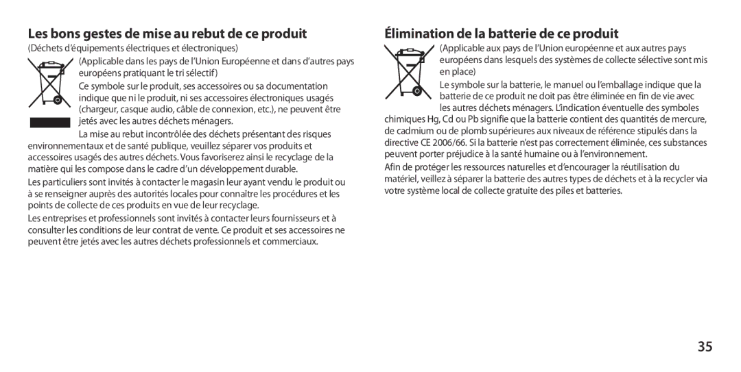 Samsung GT-I9300MBDFRE manual Les bons gestes de mise au rebut de ce produit, Élimination de la batterie de ce produit 