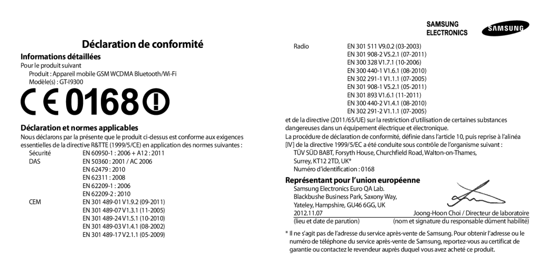 Samsung GT-I9300OKEBOG, GT-I9300ZNDXEF, GT-I9300ZKDBOG, GT-I9300RWDVGF Déclaration de conformité, Informations détaillées 