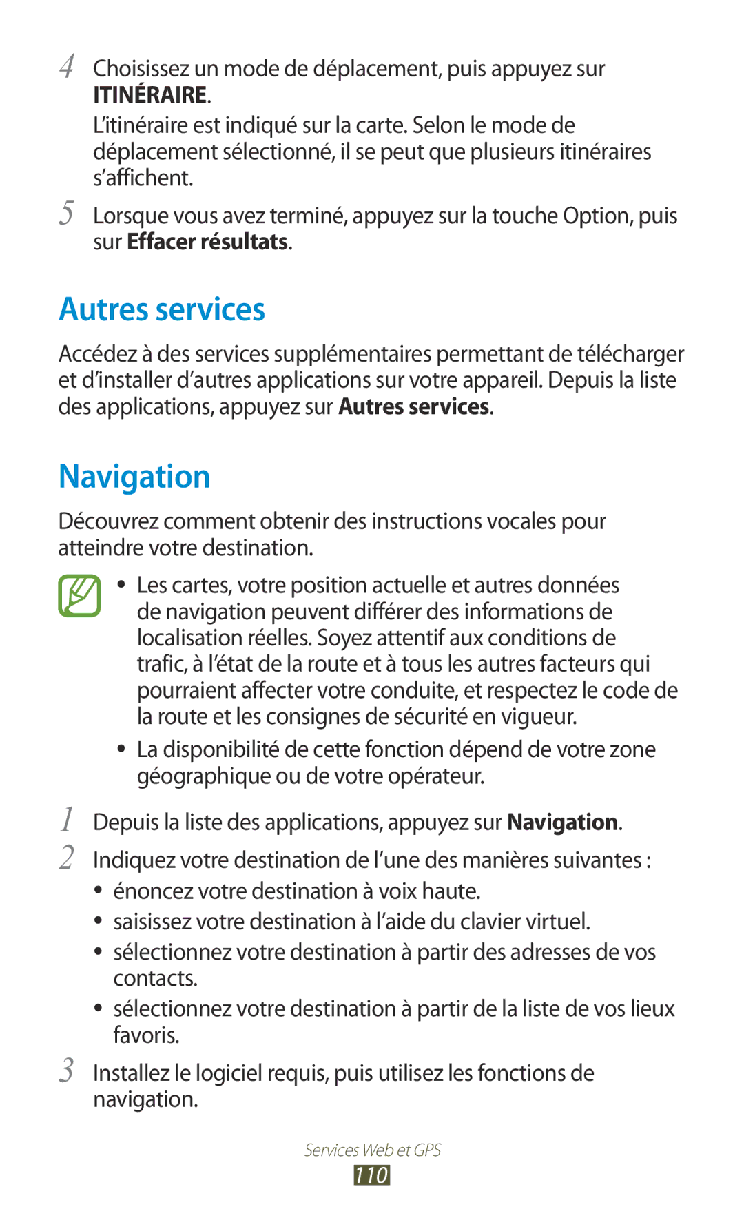 Samsung GT-I9300RWDNRJ manual Autres services, Navigation, Choisissez un mode de déplacement, puis appuyez sur, 110 