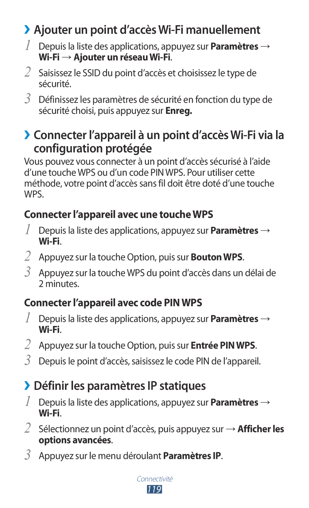 Samsung GT-I9300RWDVGF, GT-I9300ZNDXEF manual ››Définir les paramètres IP statiques, Wi-Fi → Ajouter un réseau Wi-Fi, 119 