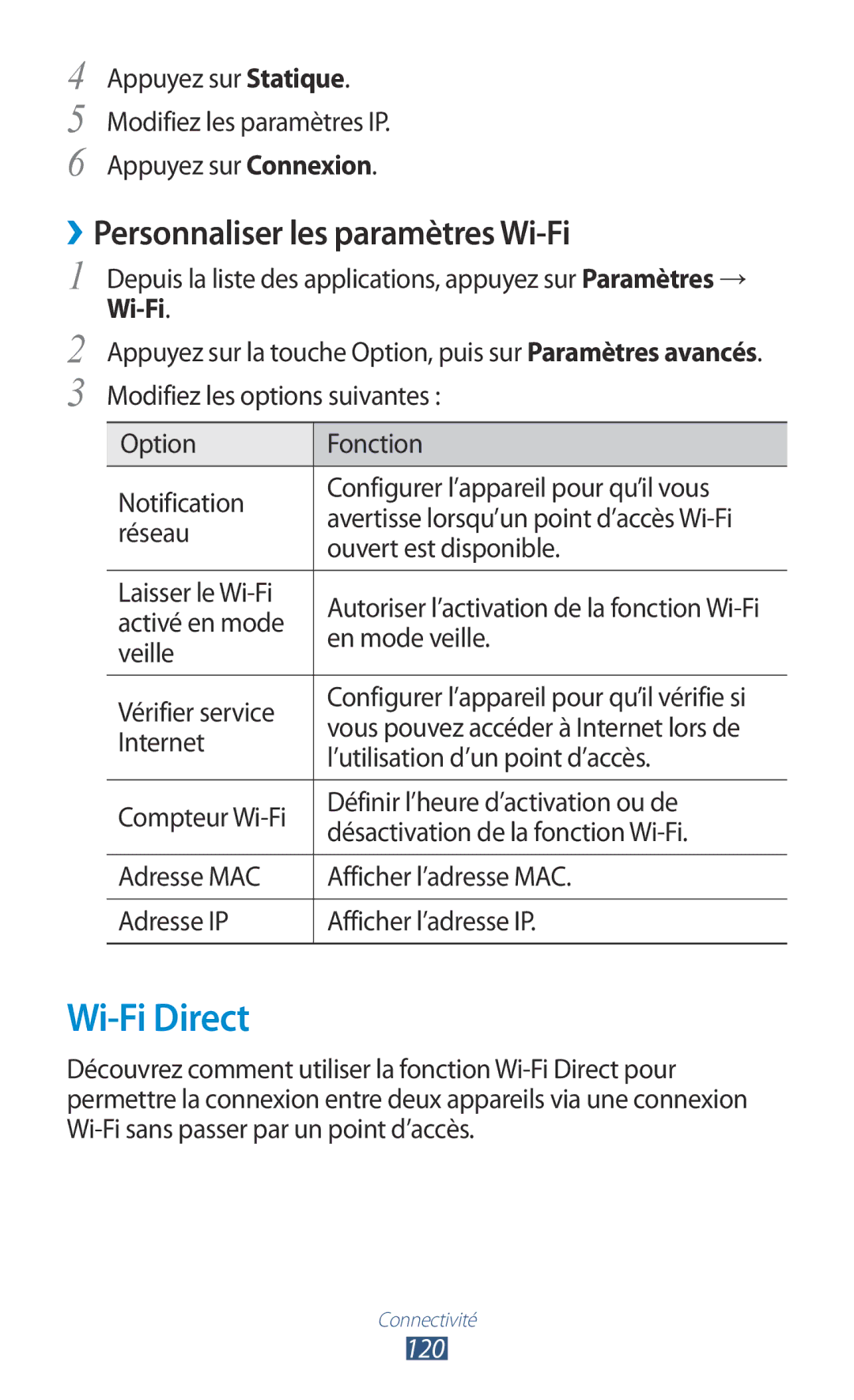 Samsung GT-I9300RWDBOG, GT-I9300ZNDXEF, GT-I9300ZKDBOG manual Wi-Fi Direct, ››Personnaliser les paramètres Wi-Fi, 120 