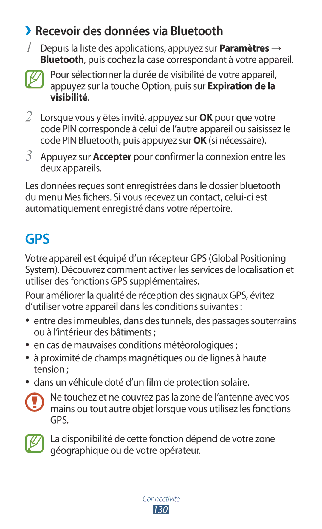 Samsung GT-I9300GRASFR, GT-I9300ZNDXEF, GT-I9300ZKDBOG, GT-I9300RWDVGF manual ››Recevoir des données via Bluetooth, 130 