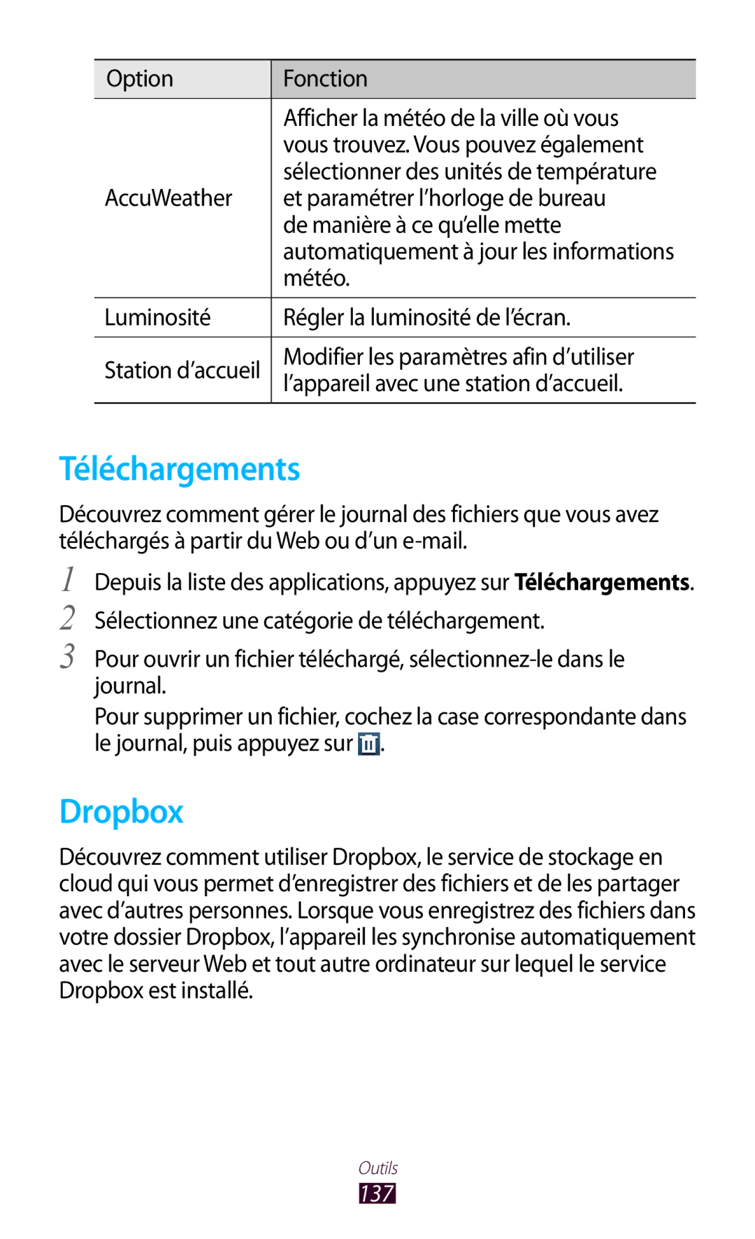 Samsung GT-I9300OKESFR, GT-I9300ZNDXEF, GT-I9300ZKDBOG, GT-I9300RWDVGF, GT-I9300RWDBOG manual Téléchargements, Dropbox, 137 