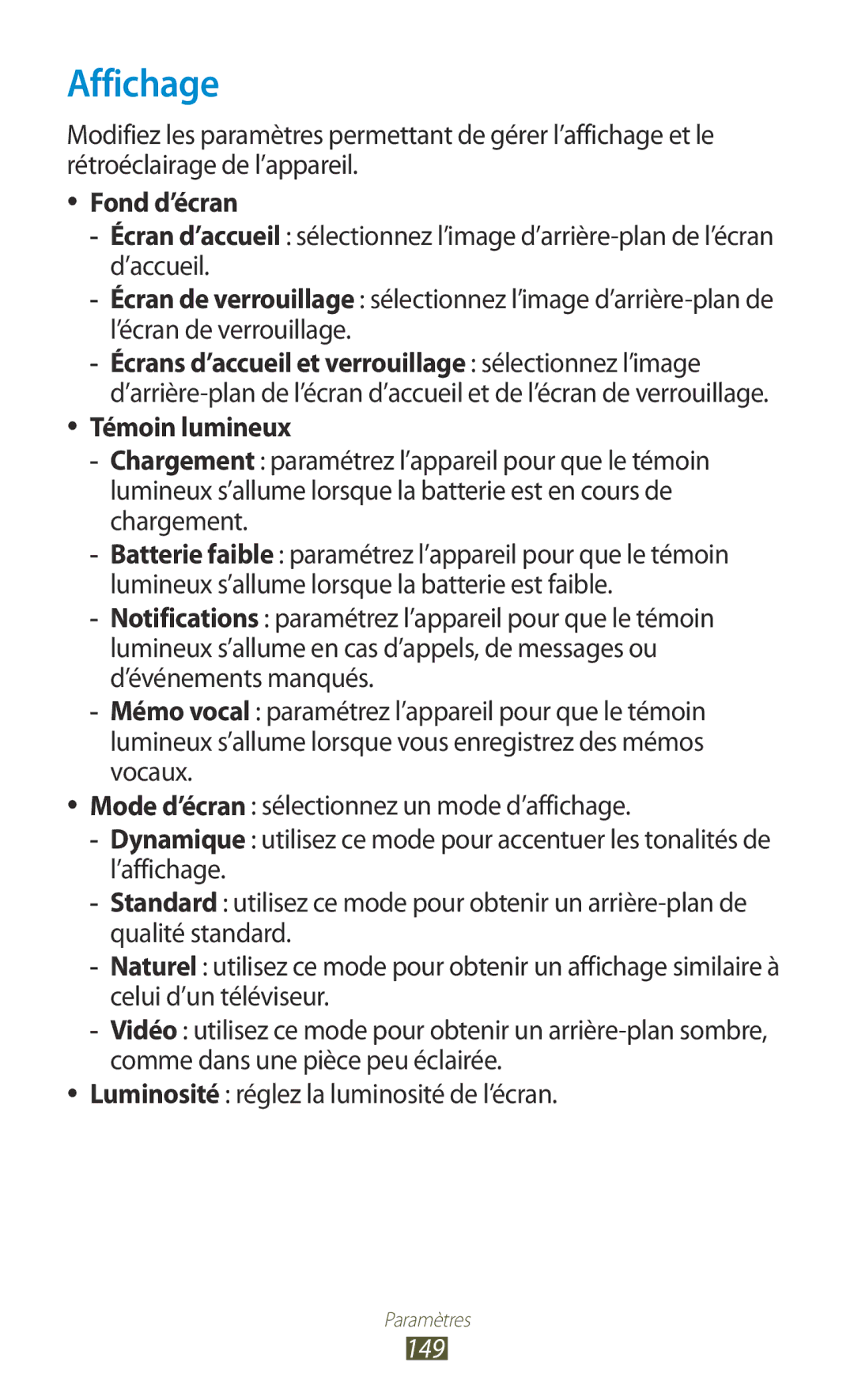 Samsung GT-I9300RWDNRJ, GT-I9300ZNDXEF, GT-I9300ZKDBOG, GT-I9300RWDVGF manual Affichage, Fond d’écran, Témoin lumineux, 149 