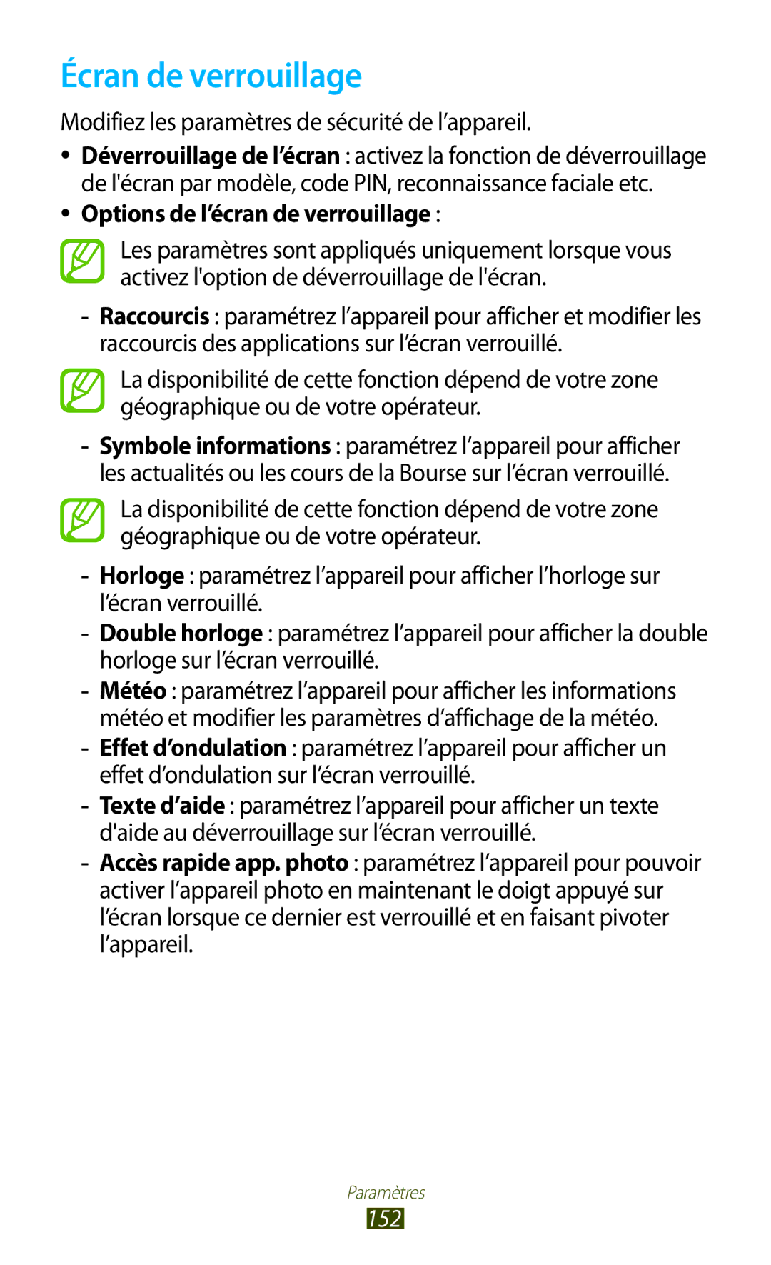 Samsung GT-I9300MBDFRE, GT-I9300ZNDXEF manual Écran de verrouillage, Modifiez les paramètres de sécurité de l’appareil, 152 