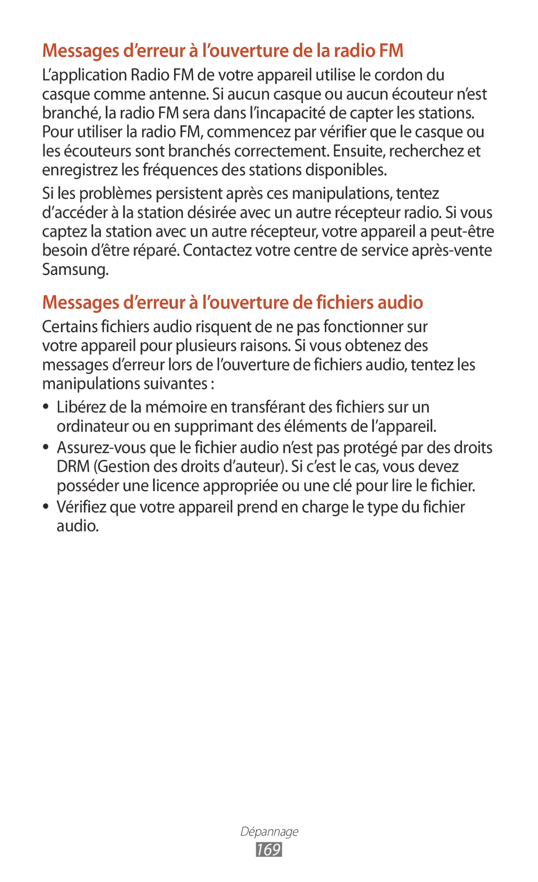 Samsung GT-I9300GRASFR, GT-I9300ZNDXEF, GT-I9300ZKDBOG, GT-I9300RWDVGF Messages d’erreur à l’ouverture de la radio FM, 169 