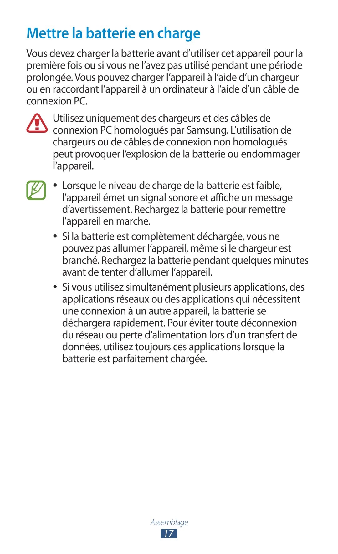 Samsung GT-I9300MBASFR, GT-I9300ZNDXEF, GT-I9300ZKDBOG, GT-I9300RWDVGF, GT-I9300RWDBOG manual Mettre la batterie en charge 