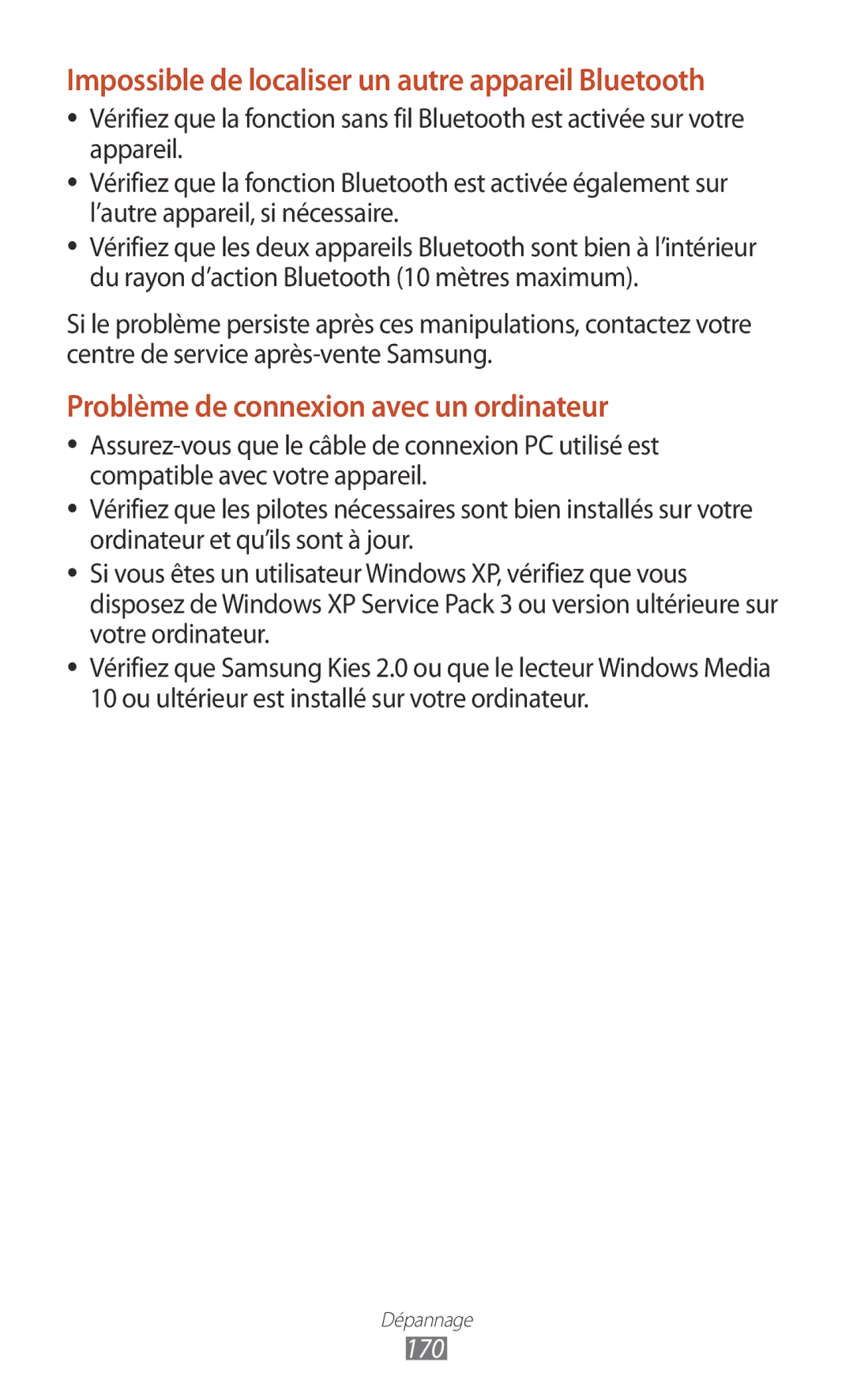 Samsung GT-I9300RWDSFR, GT-I9300ZNDXEF, GT-I9300ZKDBOG manual Impossible de localiser un autre appareil Bluetooth, 170 