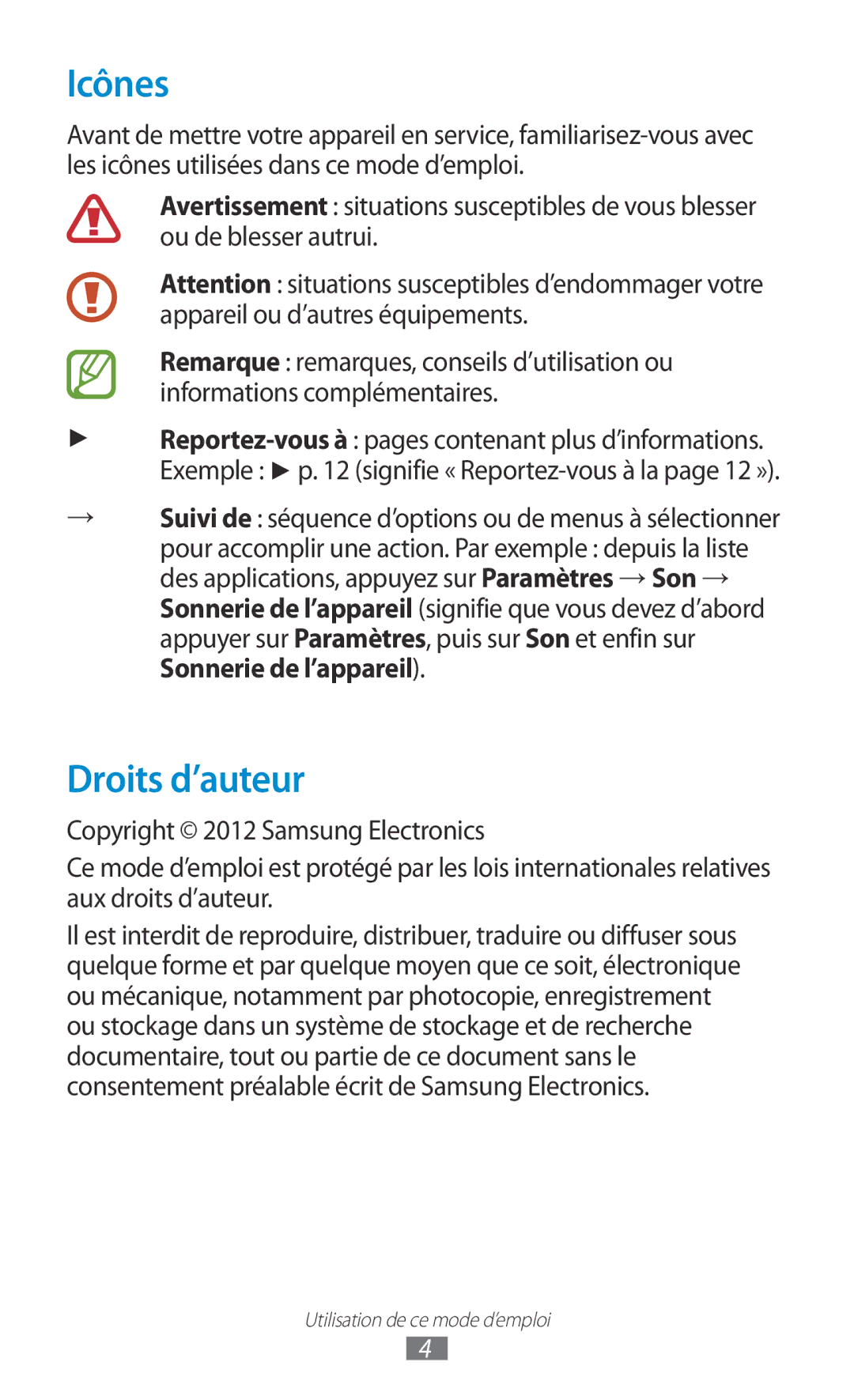 Samsung GT-I9300OKDBOG, GT-I9300ZNDXEF manual Icônes, Droits d’auteur, Reportez-vous à pages contenant plus d’informations 