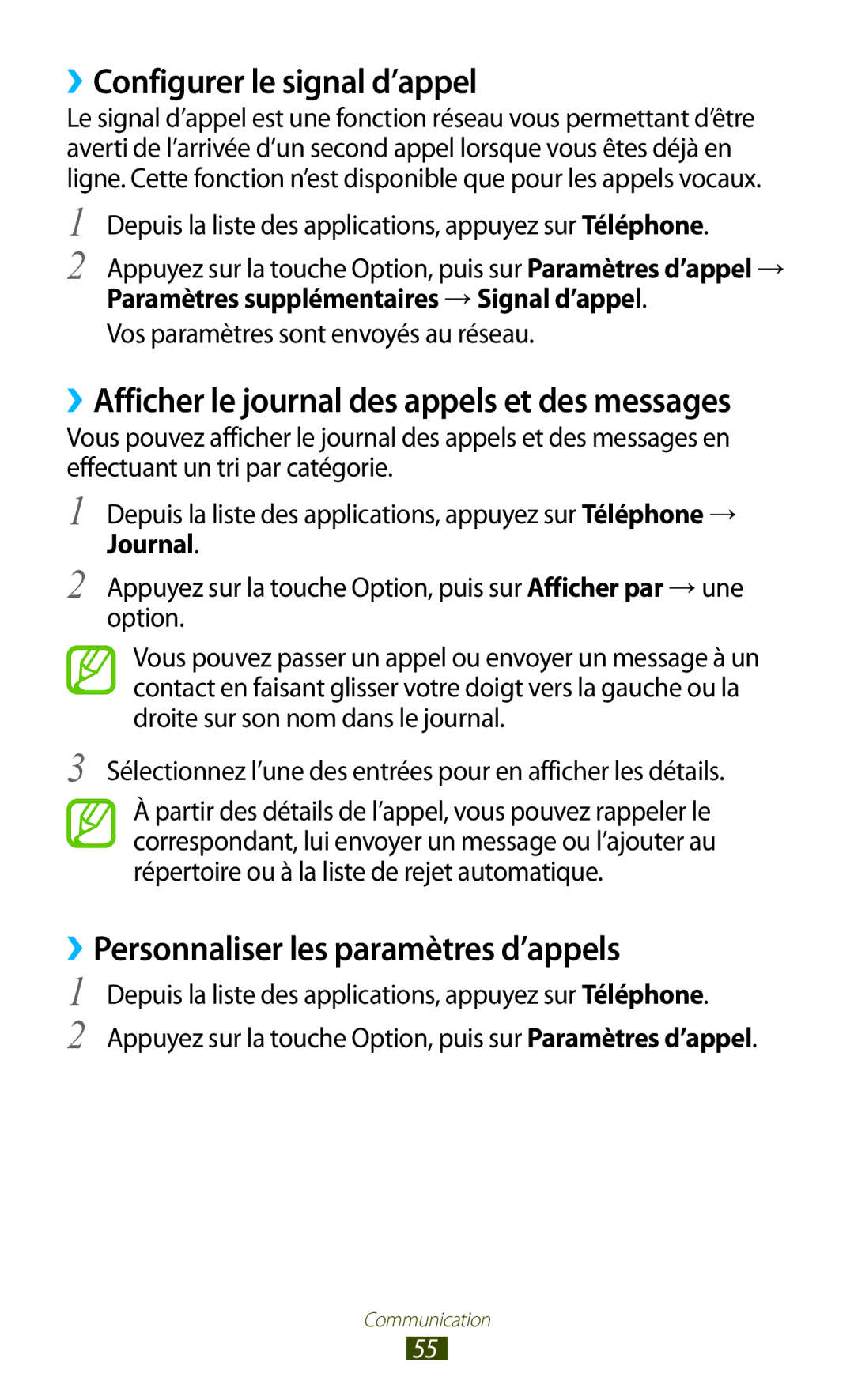 Samsung GT-I9300MBAFRE, GT-I9300ZNDXEF ››Configurer le signal d’appel, ››Personnaliser les paramètres d’appels, Journal 