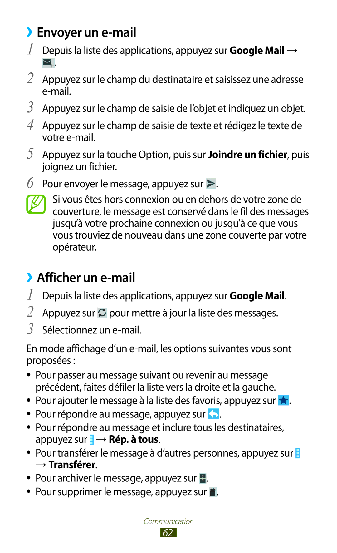 Samsung GT-I9300ZNASFR, GT-I9300ZNDXEF, GT-I9300ZKDBOG manual ››Envoyer un e-mail, ››Afficher un e-mail, → Transférer 