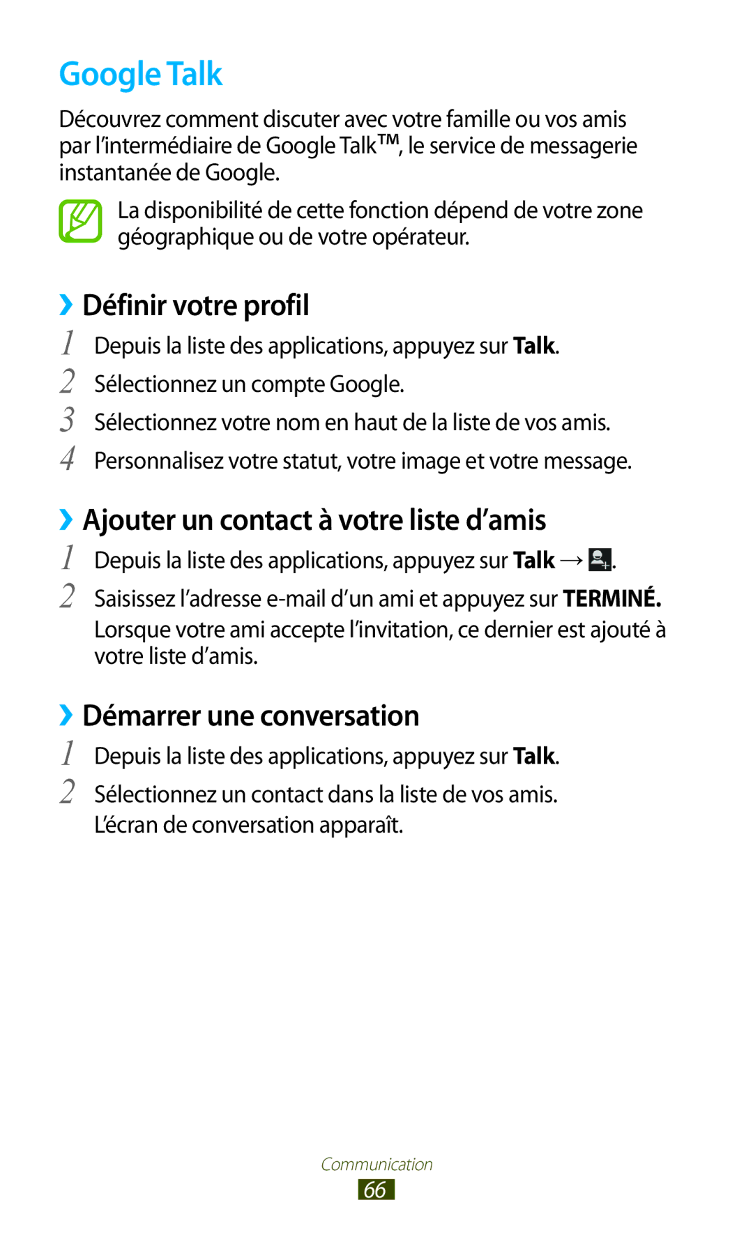 Samsung GT-I9300RWASFR, GT-I9300ZNDXEF manual Google Talk, ››Définir votre profil, ››Ajouter un contact à votre liste d’amis 