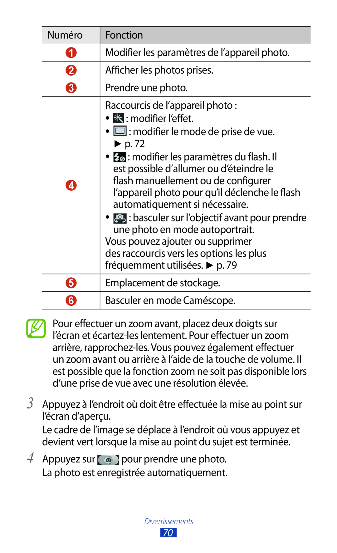 Samsung GT-I9300TADFTM manual Modifier le mode de prise de vue, Emplacement de stockage Basculer en mode Caméscope 