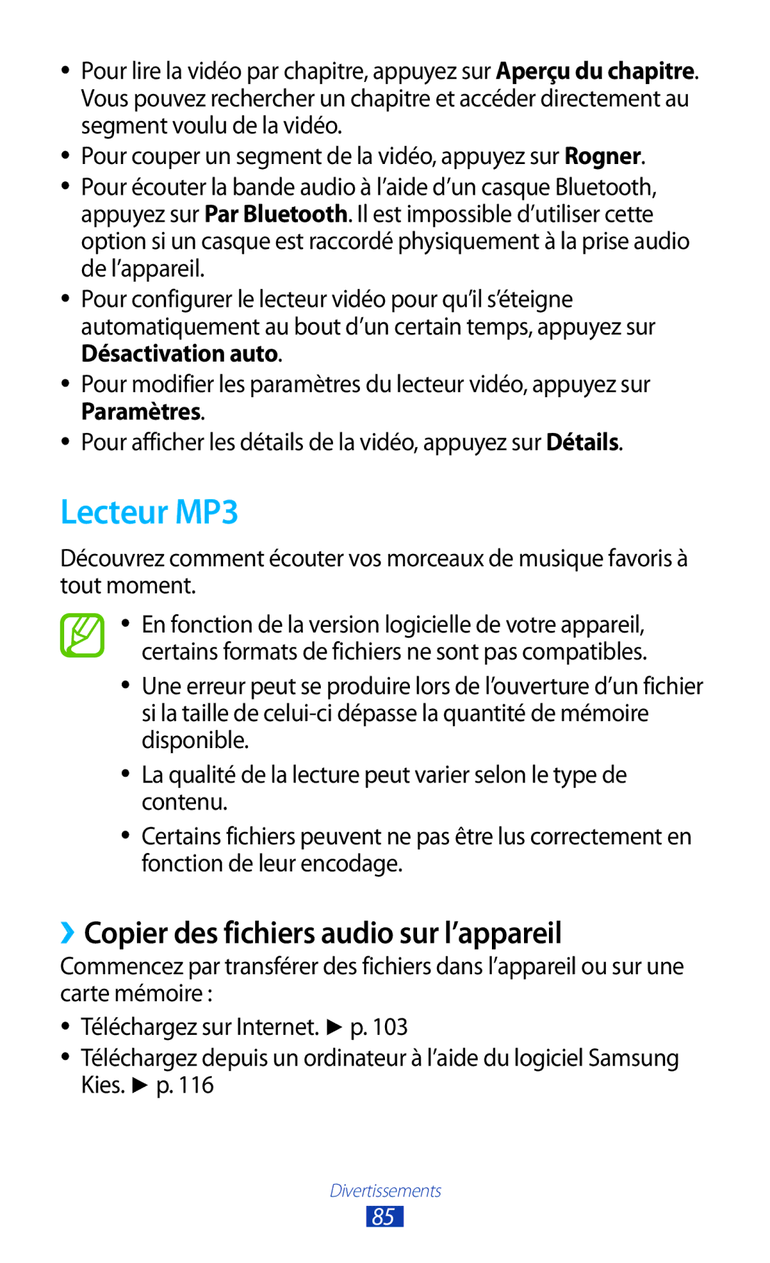 Samsung GT-I9300MBDXEF, GT-I9300ZNDXEF, GT-I9300ZKDBOG manual Lecteur MP3, ››Copier des fichiers audio sur l’appareil 