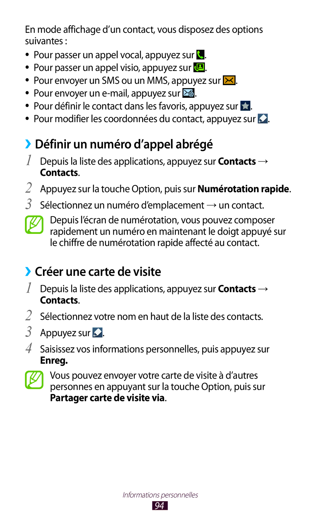 Samsung GT-I9300MBAFRE, GT-I9300ZNDXEF ››Définir un numéro d’appel abrégé, ››Créer une carte de visite, Contacts, Enreg 