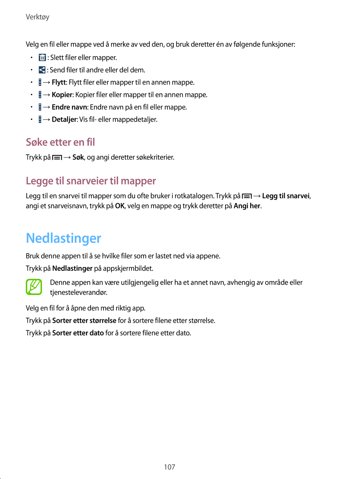 Samsung GT-I9301RWINEE, GT-I9301MBINEE, GT-I9301MBZNEE manual Nedlastinger, Søke etter en fil, Legge til snarveier til mapper 