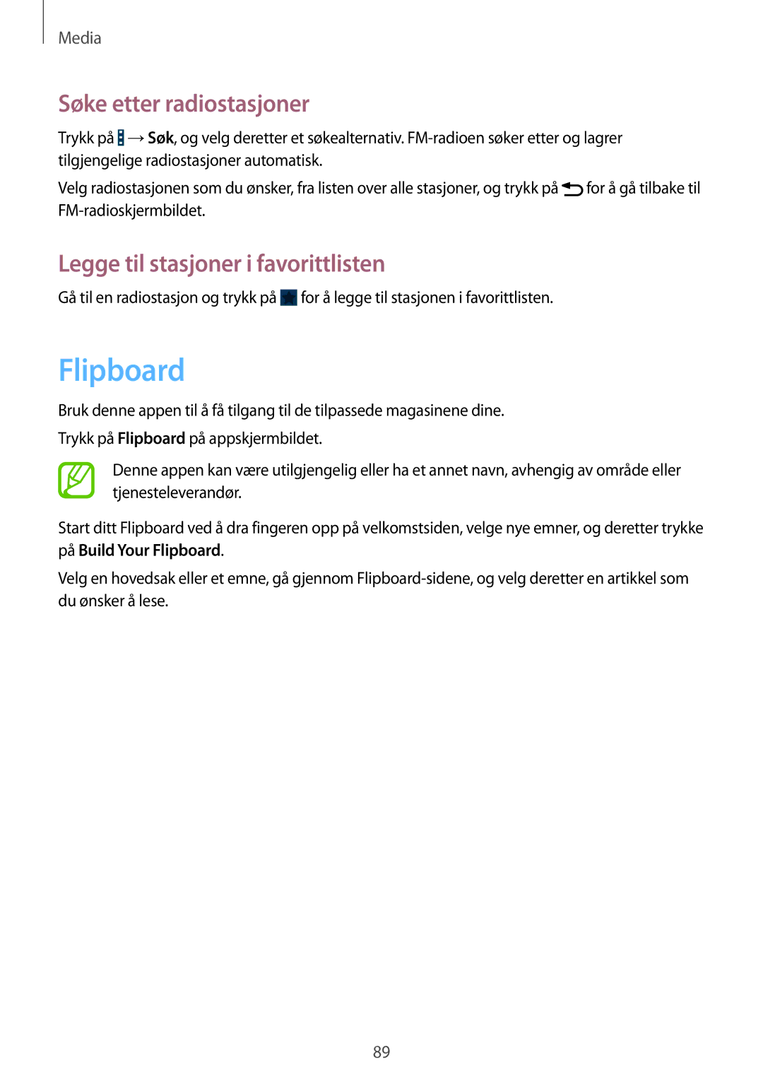 Samsung GT-I9301RWINEE, GT-I9301MBINEE manual Flipboard, Søke etter radiostasjoner, Legge til stasjoner i favorittlisten 