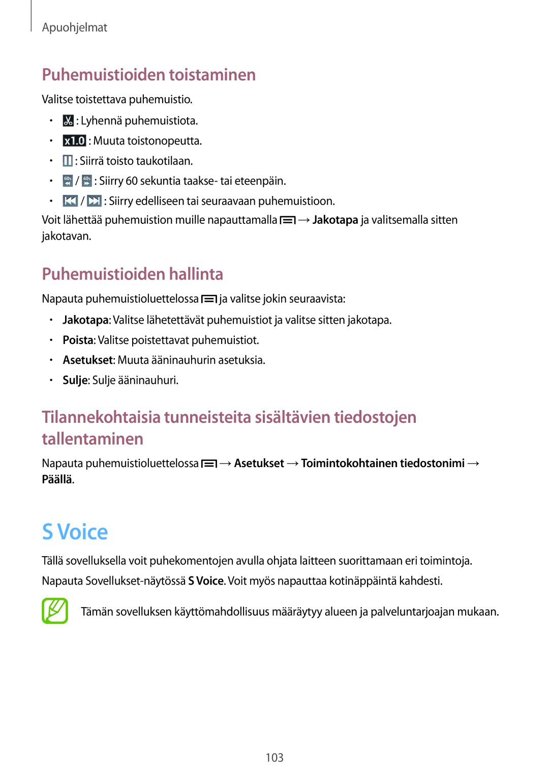 Samsung GT-I9301MBZNEE, GT-I9301MBINEE, GT-I9301OKINEE manual Voice, Puhemuistioiden toistaminen, Puhemuistioiden hallinta 