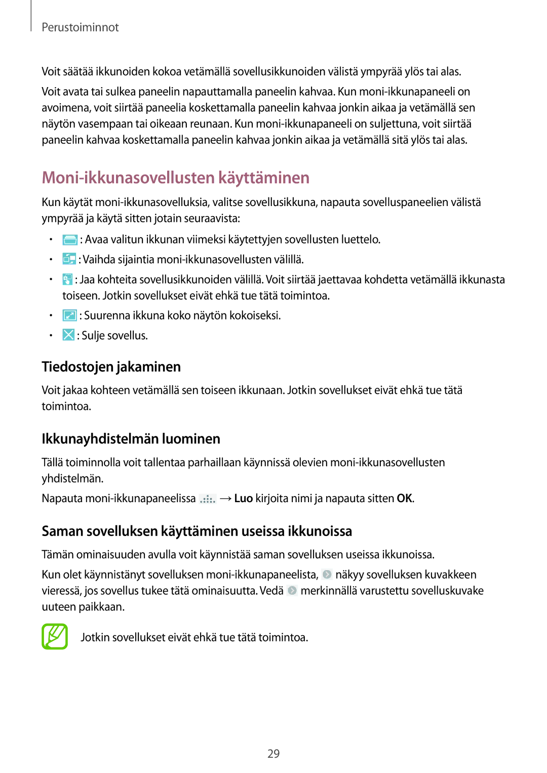 Samsung GT-I9301RWINEE manual Moni-ikkunasovellusten käyttäminen, Tiedostojen jakaminen, Ikkunayhdistelmän luominen 