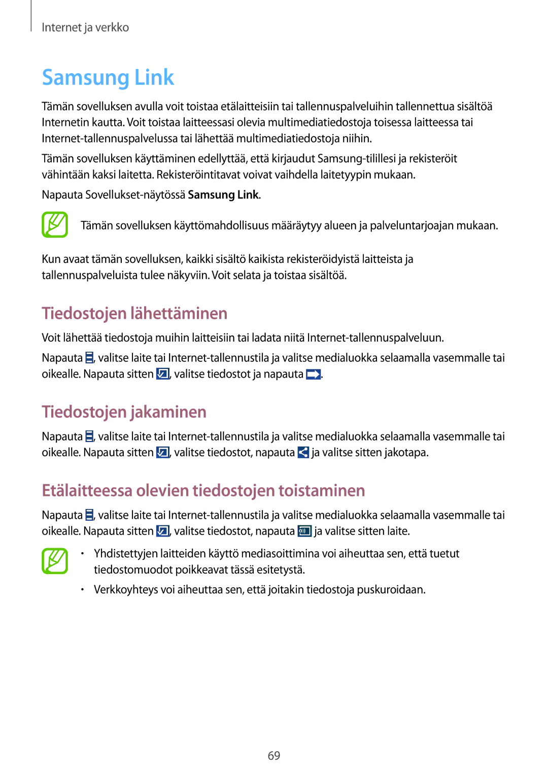 Samsung GT-I9301RWZNEE, GT-I9301MBINEE, GT-I9301MBZNEE manual Samsung Link, Tiedostojen lähettäminen, Tiedostojen jakaminen 