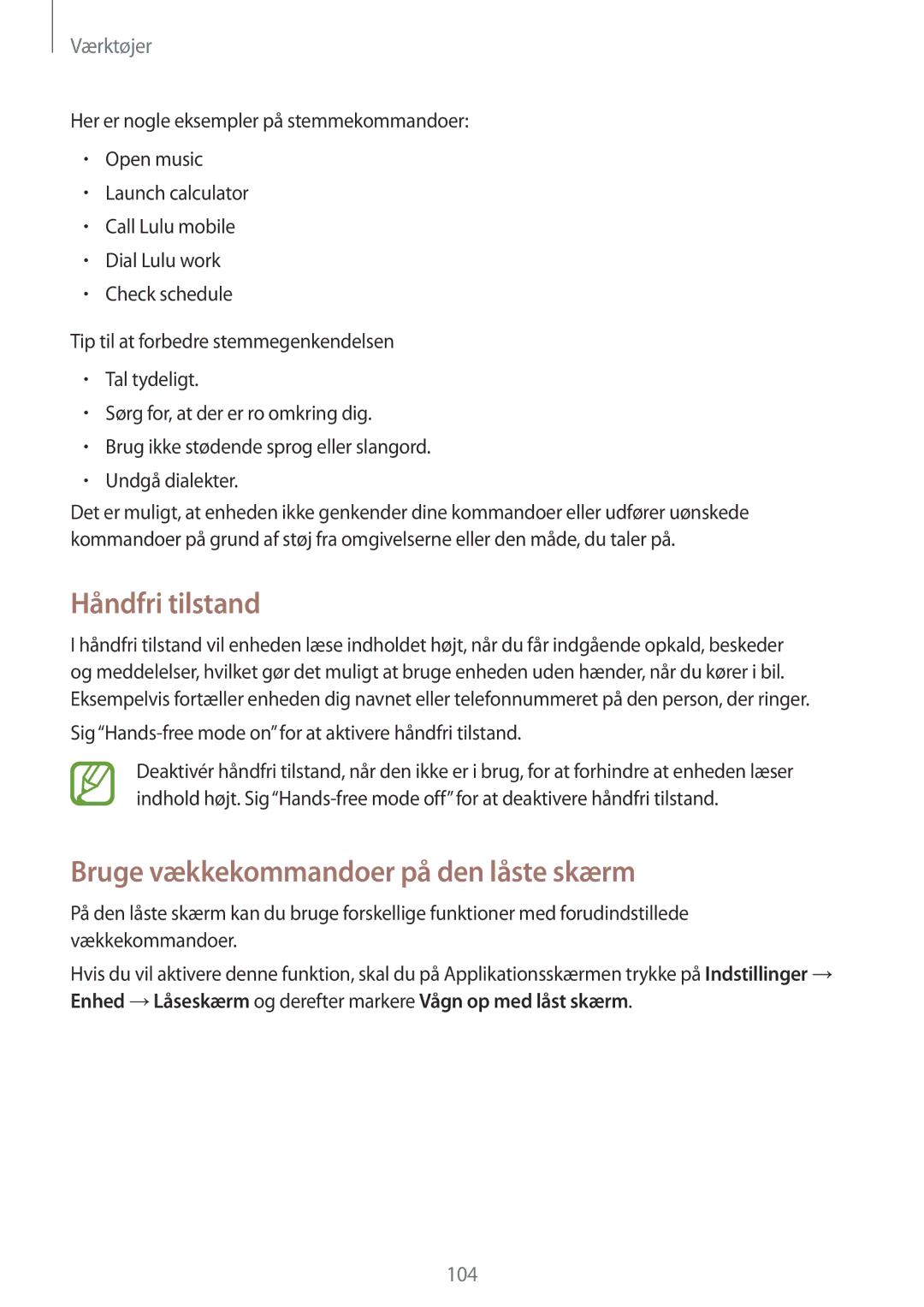 Samsung GT-I9301OKINEE, GT-I9301MBINEE, GT-I9301MBZNEE manual Håndfri tilstand, Bruge vækkekommandoer på den låste skærm 