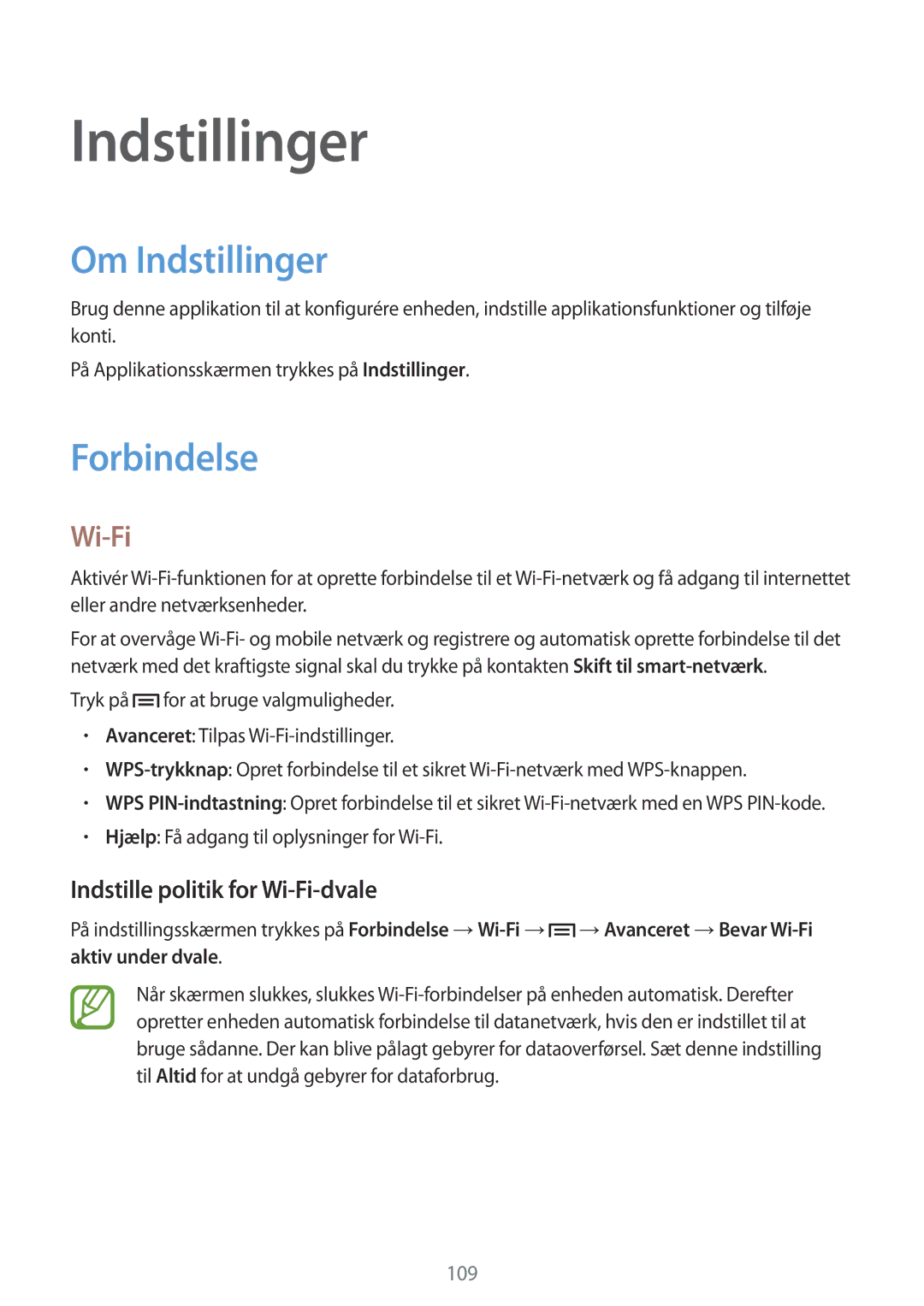 Samsung GT-I9301MBZNEE, GT-I9301MBINEE manual Om Indstillinger, Forbindelse, Indstille politik for Wi-Fi-dvale 