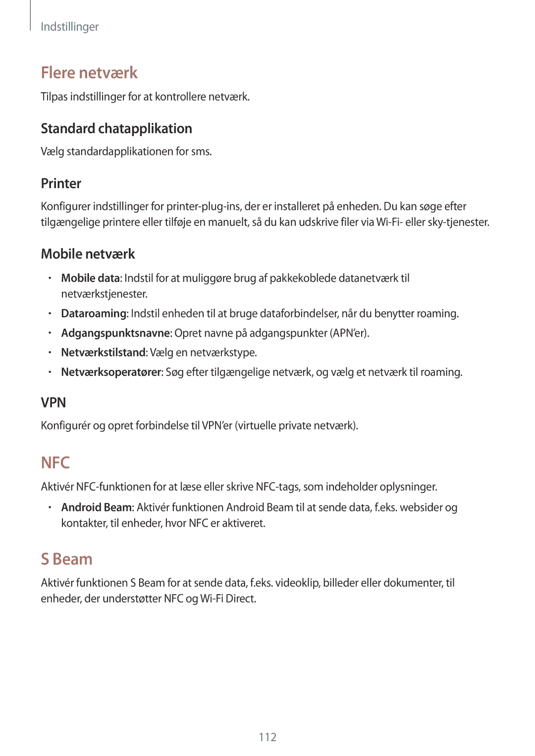 Samsung GT-I9301OKZNEE, GT-I9301MBINEE manual Flere netværk, Beam, Standard chatapplikation, Printer, Mobile netværk 