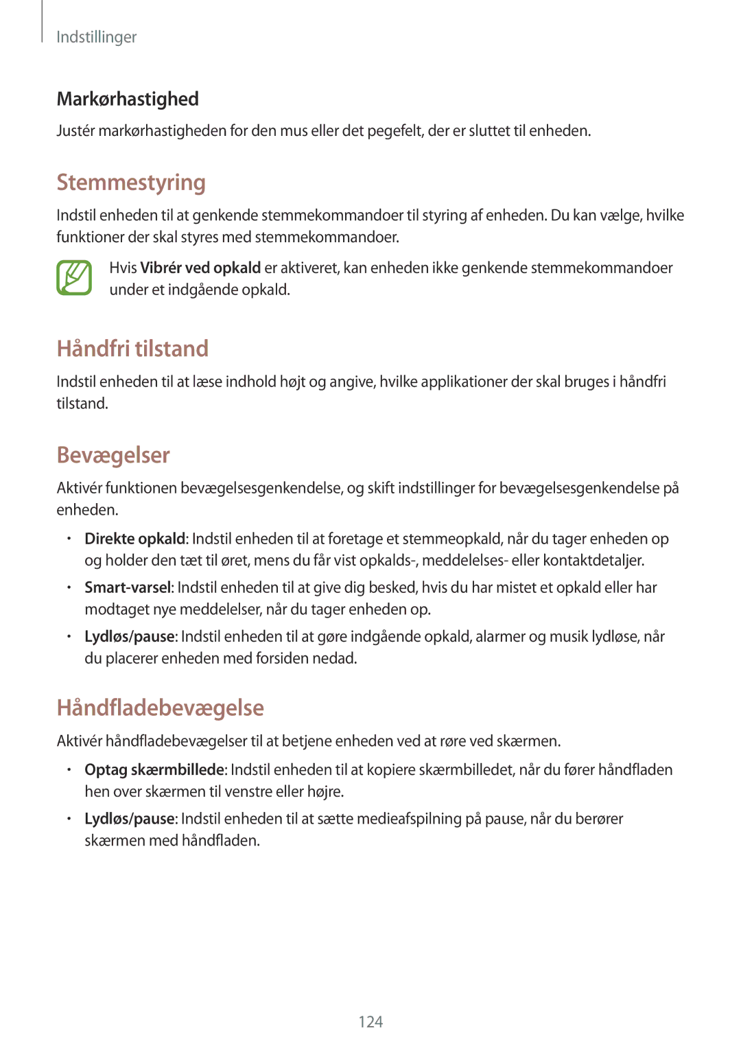 Samsung GT-I9301OKZNEE, GT-I9301MBINEE, GT-I9301MBZNEE manual Stemmestyring, Bevægelser, Håndfladebevægelse, Markørhastighed 