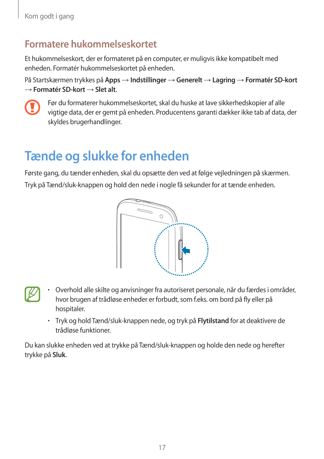 Samsung GT-I9301RWINEE manual Tænde og slukke for enheden, Formatere hukommelseskortet, → Formatér SD-kort →Slet alt 