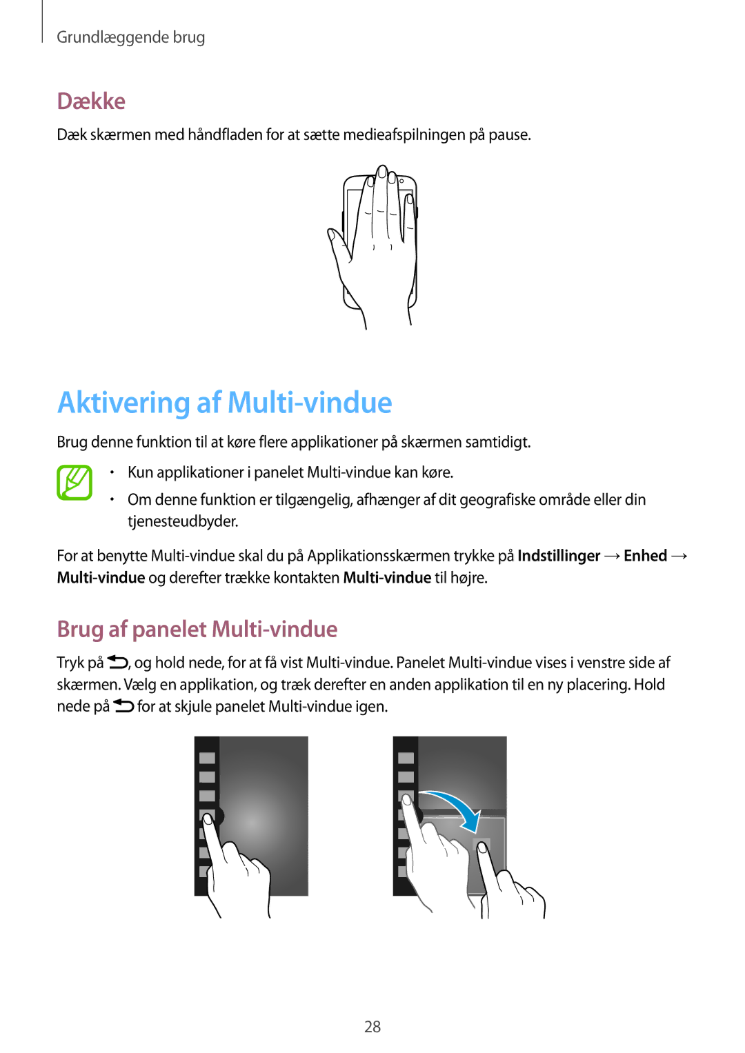 Samsung GT-I9301OKZNEE, GT-I9301MBINEE, GT-I9301MBZNEE manual Aktivering af Multi-vindue, Dække, Brug af panelet Multi-vindue 
