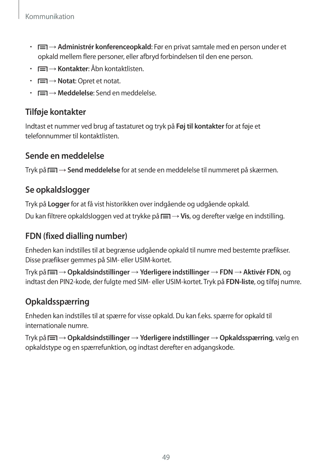 Samsung GT-I9301MBZNEE, GT-I9301MBINEE Tilføje kontakter, Sende en meddelelse, Se opkaldslogger, FDN fixed dialling number 