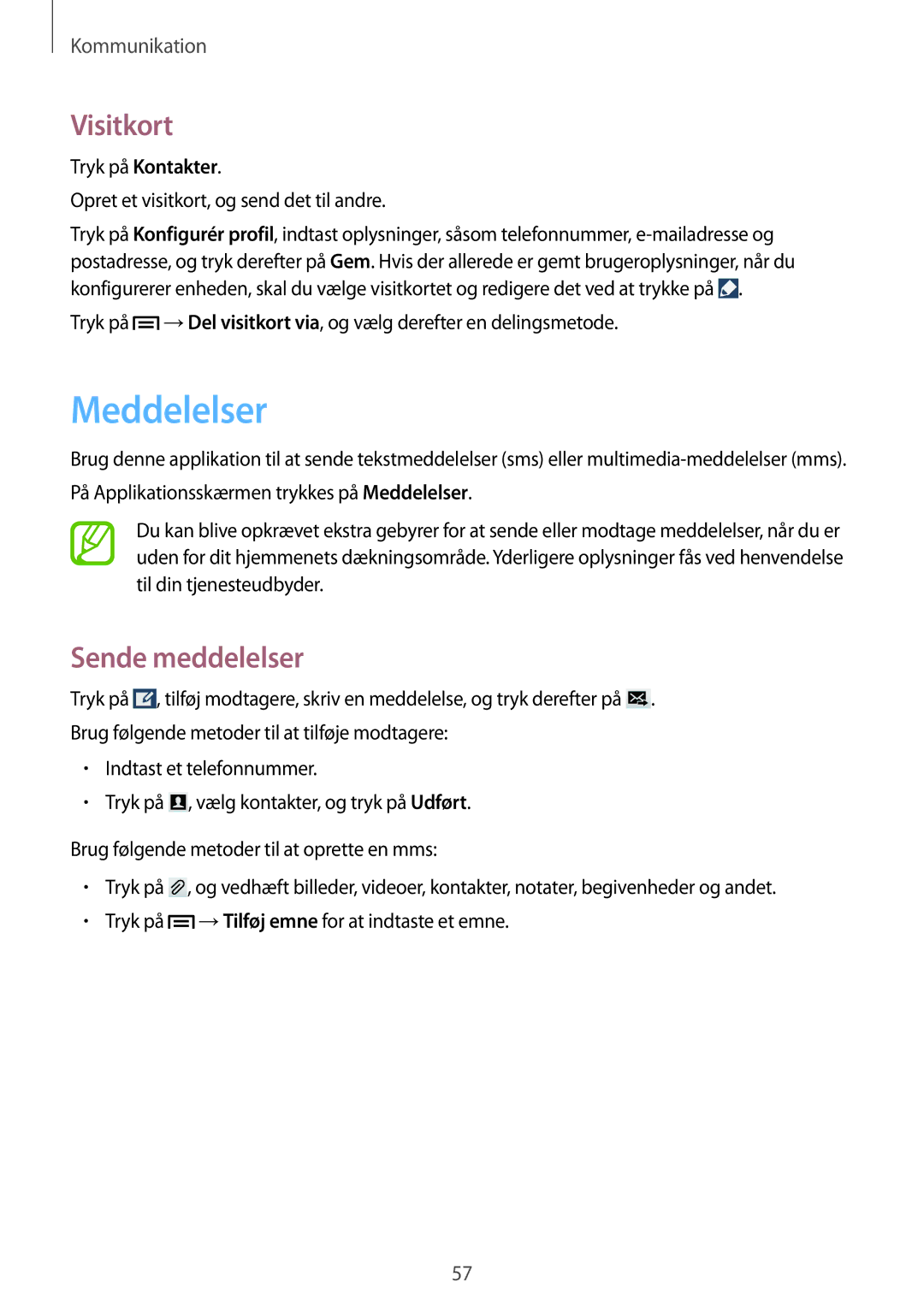 Samsung GT-I9301RWZNEE, GT-I9301MBINEE, GT-I9301MBZNEE, GT-I9301OKINEE manual Meddelelser, Visitkort, Sende meddelelser 