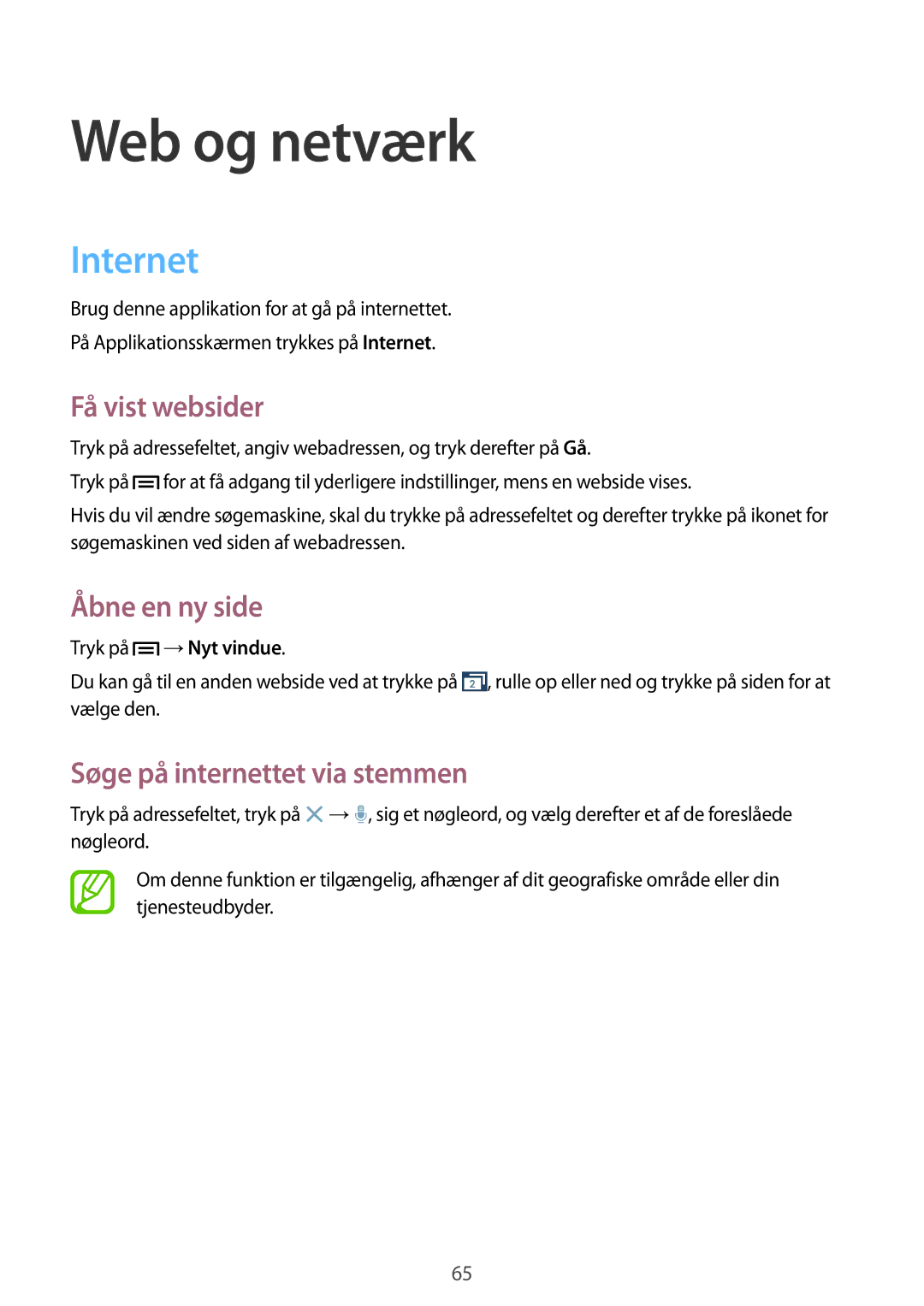 Samsung GT-I9301RWINEE manual Web og netværk, Internet, Få vist websider, Åbne en ny side, Søge på internettet via stemmen 